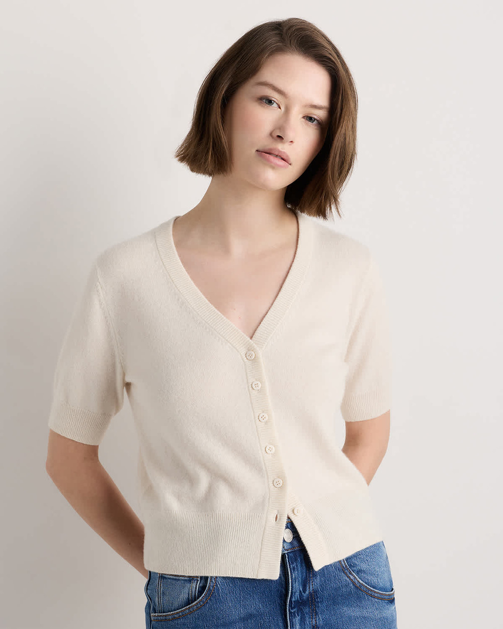 NWT Quince Mongolian Cashmere Short Sleeve Cardigan Ivory XL